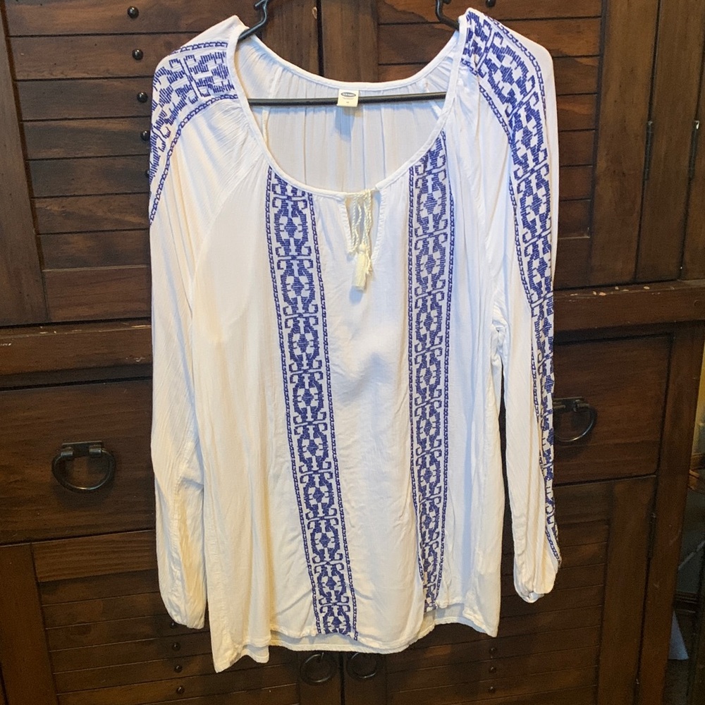 Old Navy White Blouse with Blue Embroidery